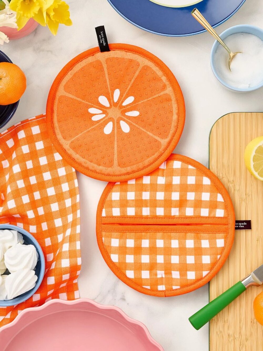 Kate Spade Squeeze the Day and Spring Gingham 2-Pack Pot Holders. Orange. NWT